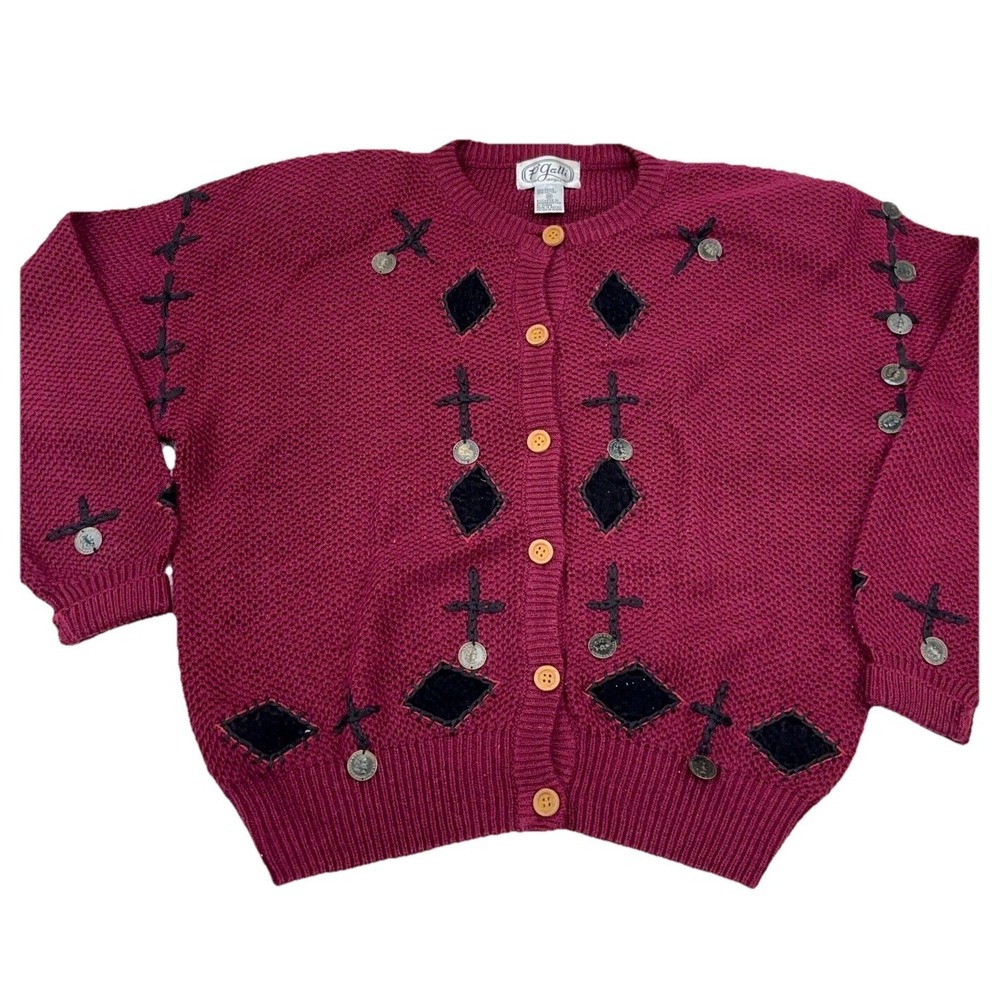 Vintage P Galli Sweater Women Medium Maroon Cardigan Coin Charms 90s Y2K Grandma